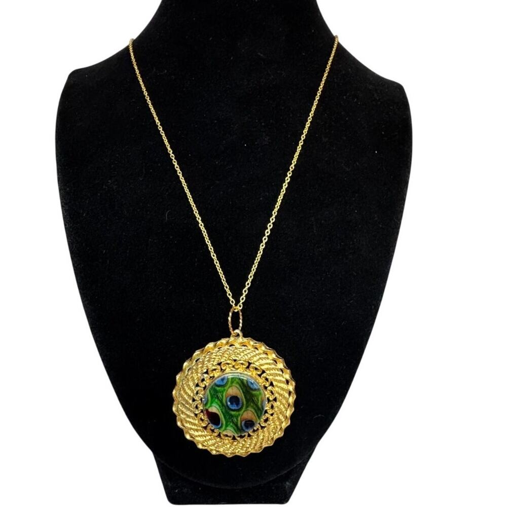 VNTG Gold Vermeil 925 Sterling Silver Peacock Feather Pendant Necklace Boho